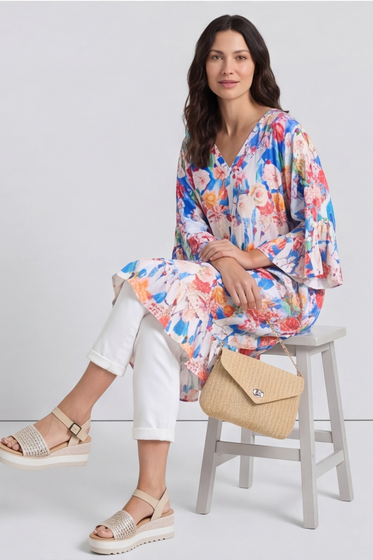 Tahlia Floral Linen Tunic Cobalt