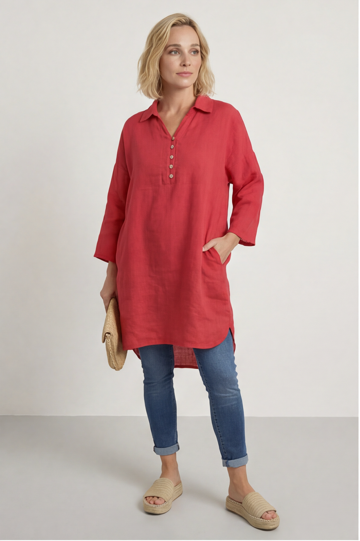 Tarna Button Linen Tunic Hot Pink