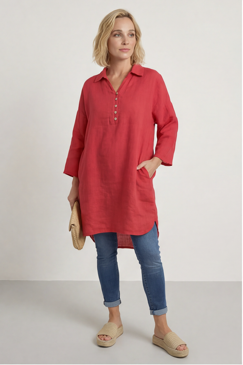 Tarna Button Linen Tunic Hot Pink - Image 2