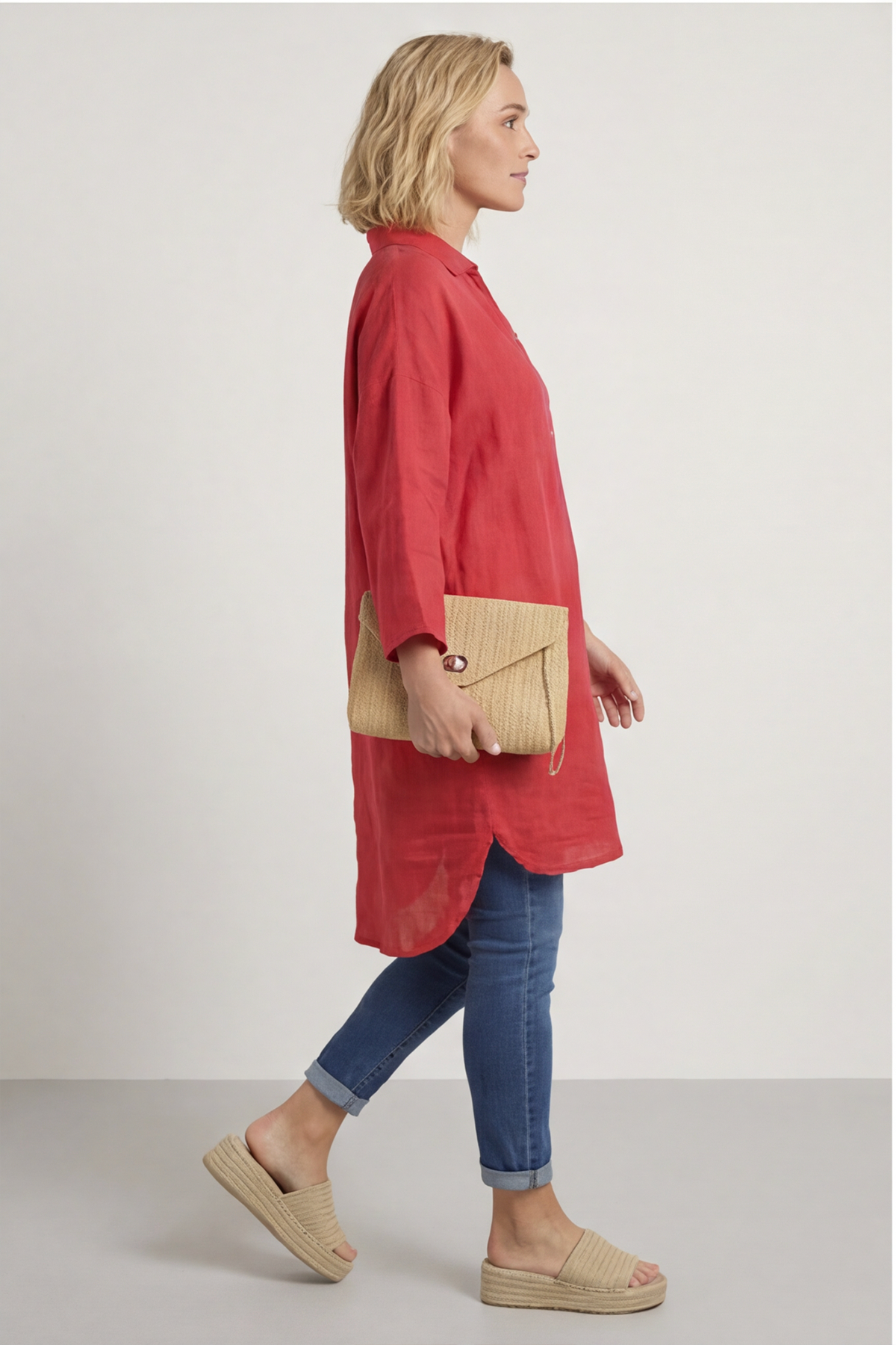 Tarna Button Linen Tunic Hot Pink
