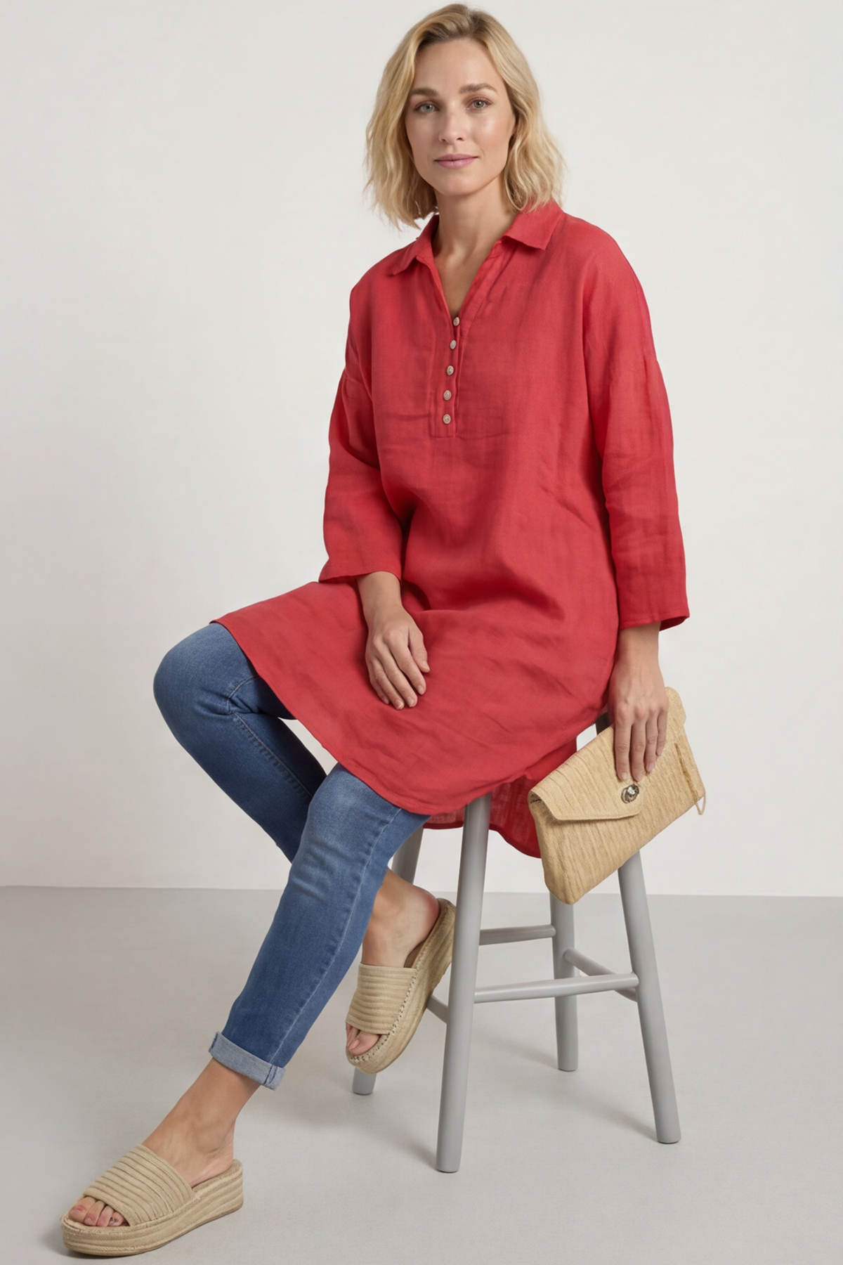Tarna Button Linen Tunic Hot Pink