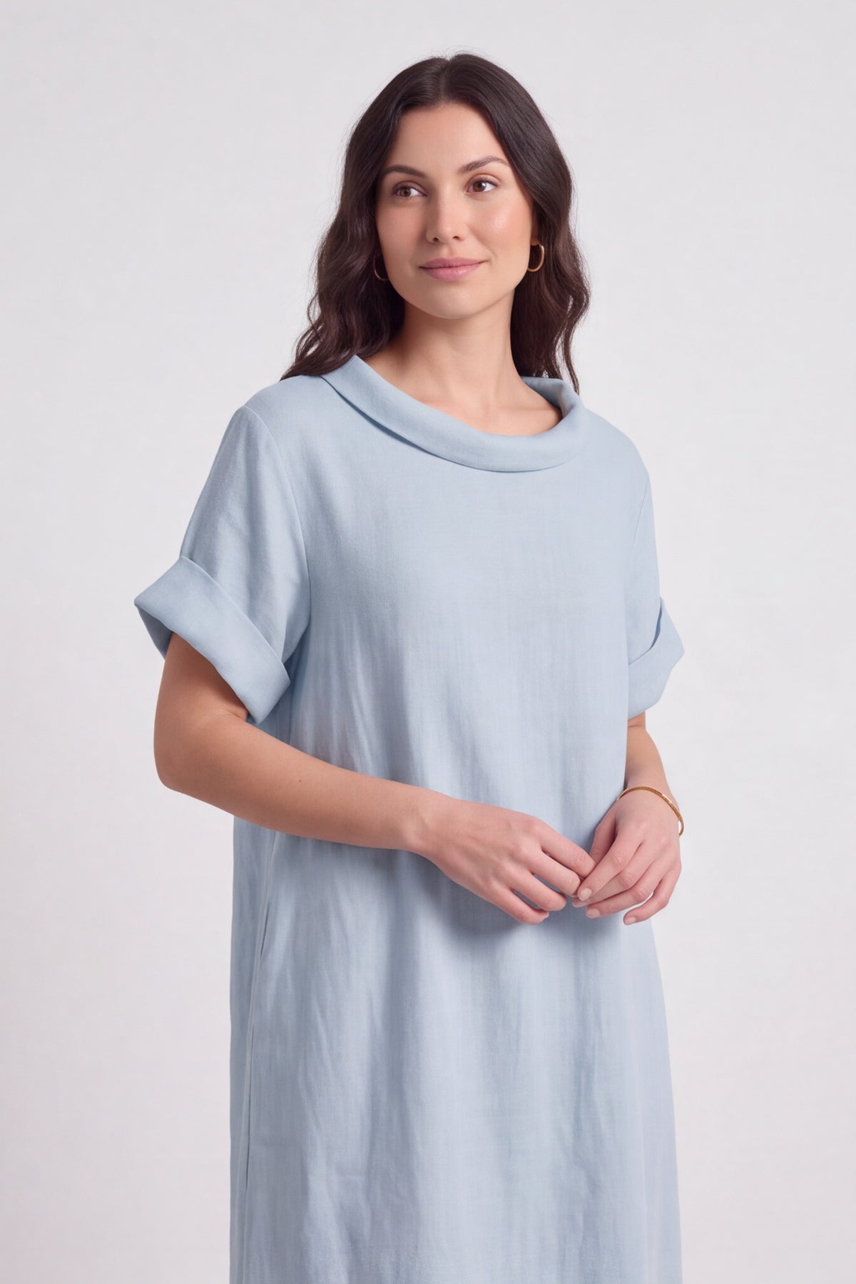 Tasha Cowl Neck Linen Light Blue Dress