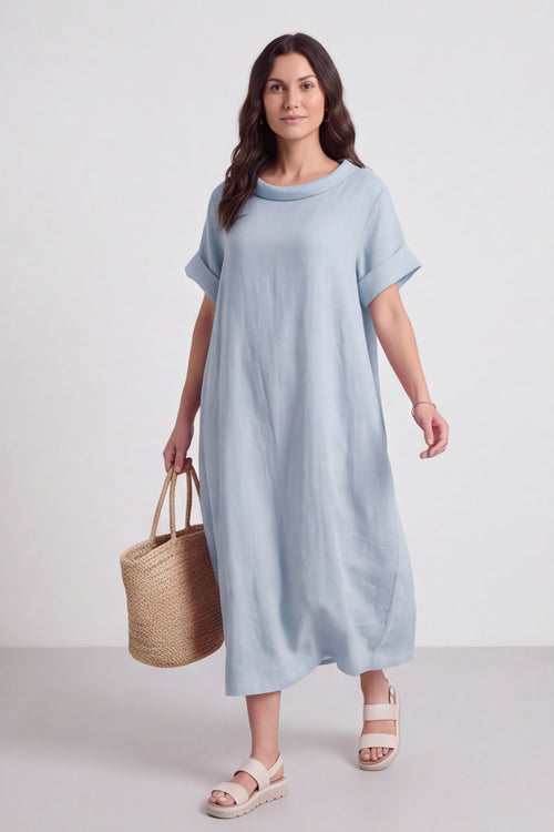 Tasha Cowl Neck Linen Light Blue Dress - Image 5