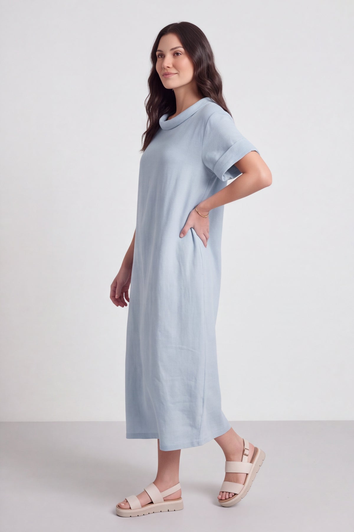 Tasha Cowl Neck Linen Light Blue Dress