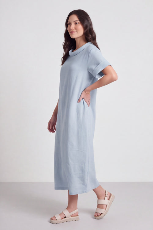 Tasha Cowl Neck Linen Light Blue Dress - Image 4