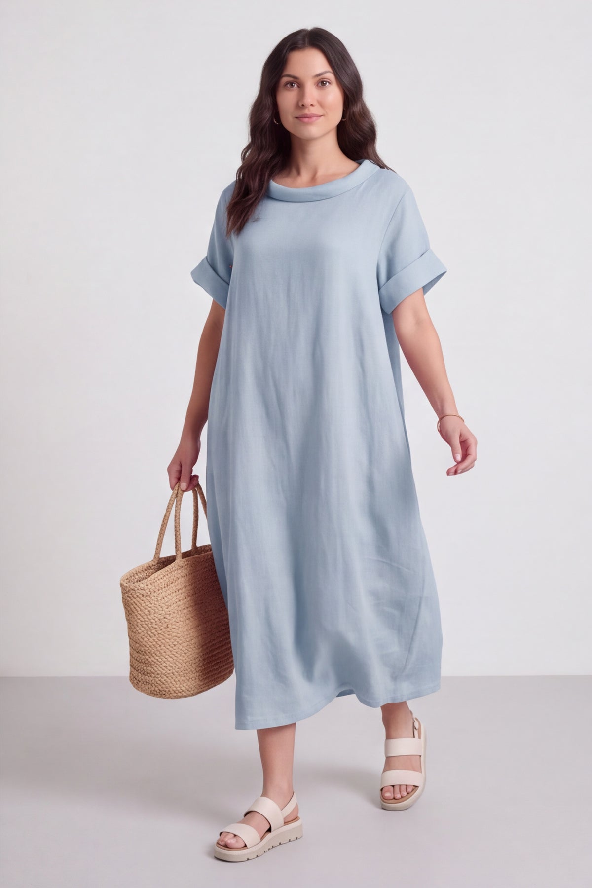 Tasha Cowl Neck Linen Light Blue Dress