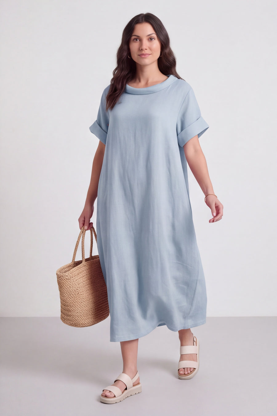 Tasha Cowl Neck Linen Light Blue Dress