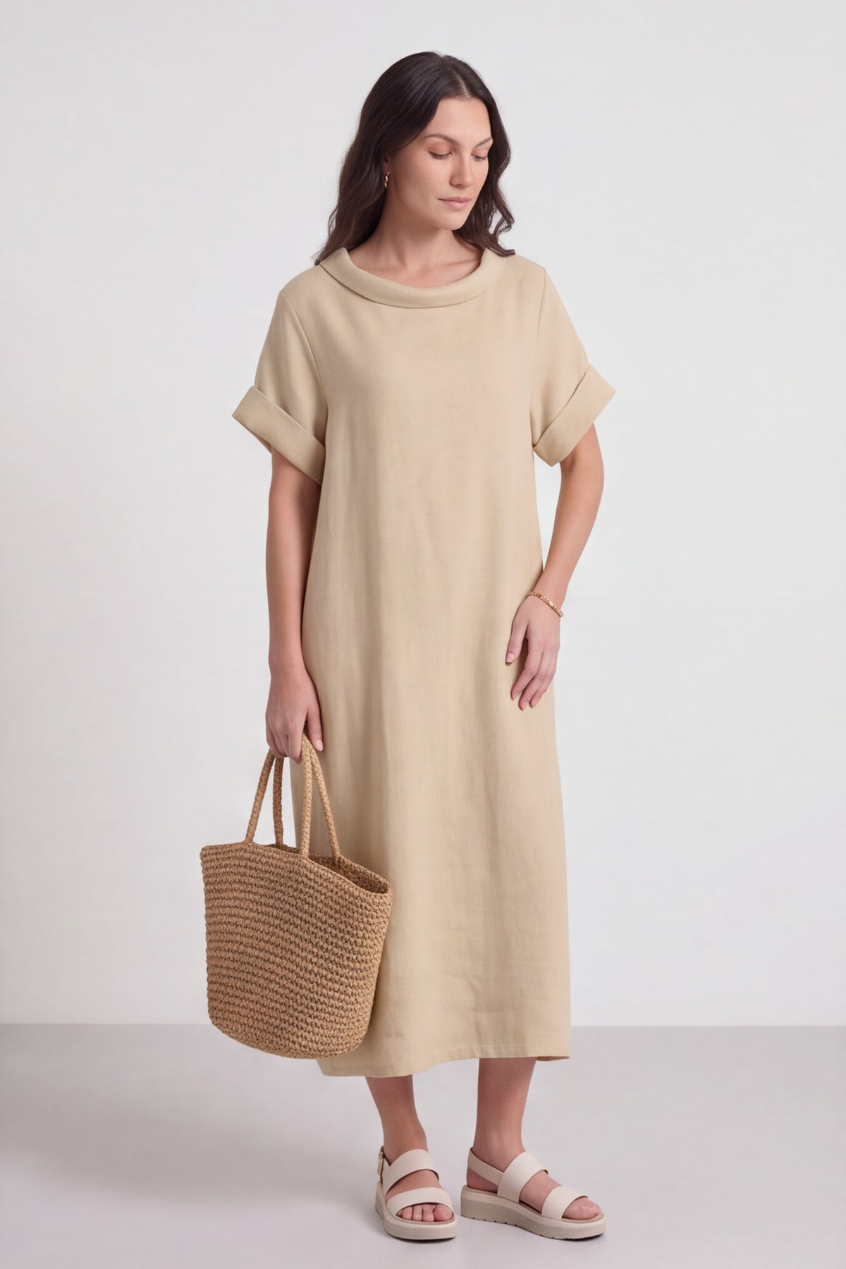Tasha Cowl Neck Linen Cream Dress