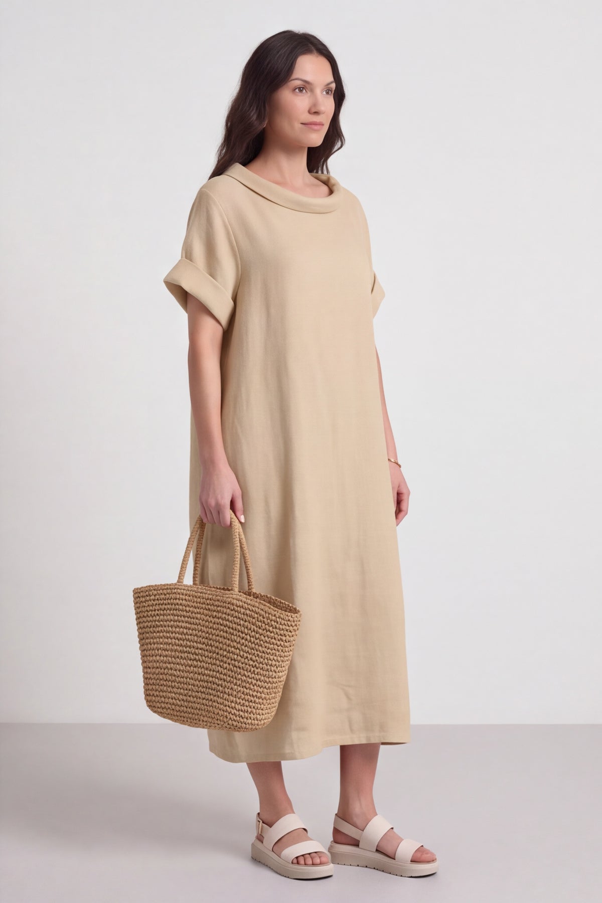 Tasha Cowl Neck Linen Cream Dress