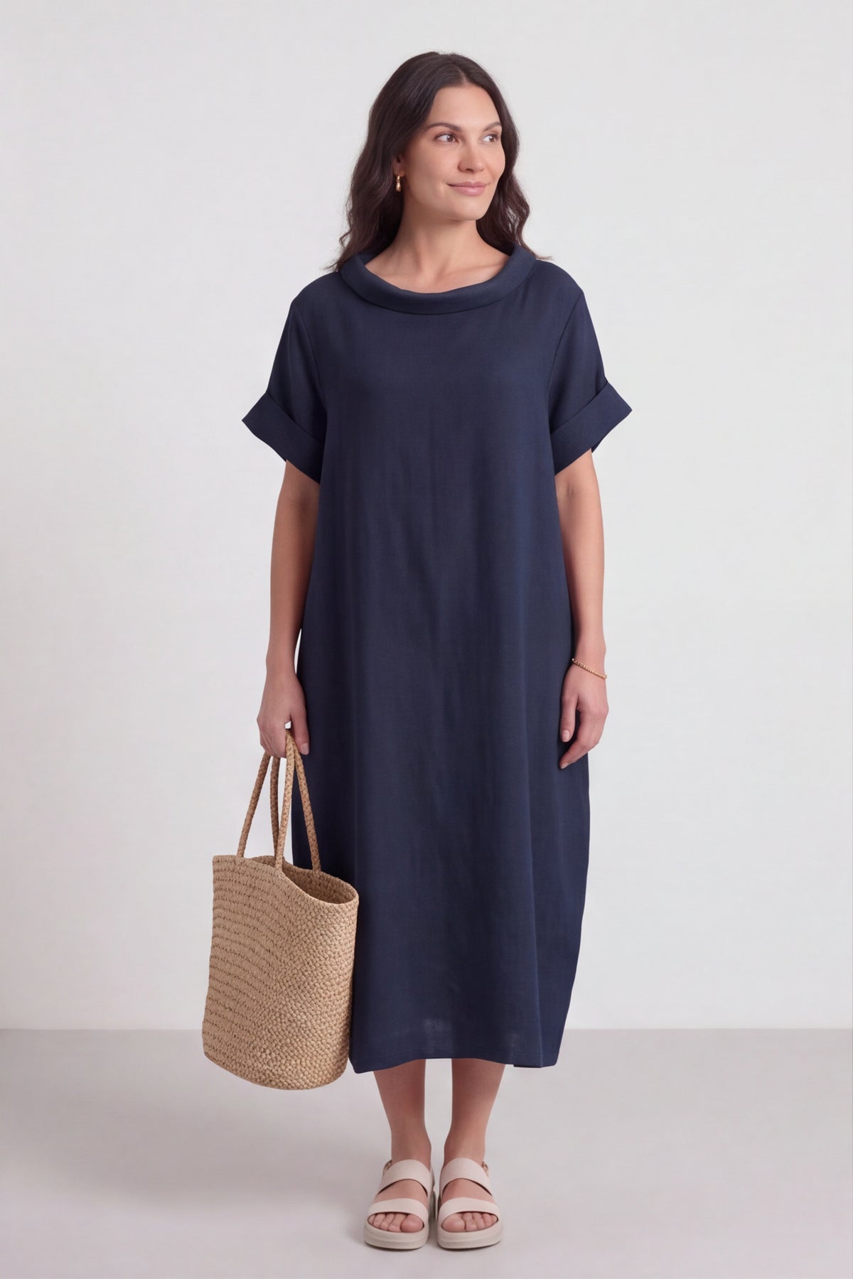 Tasha Cowl Neck Linen Navy Dress