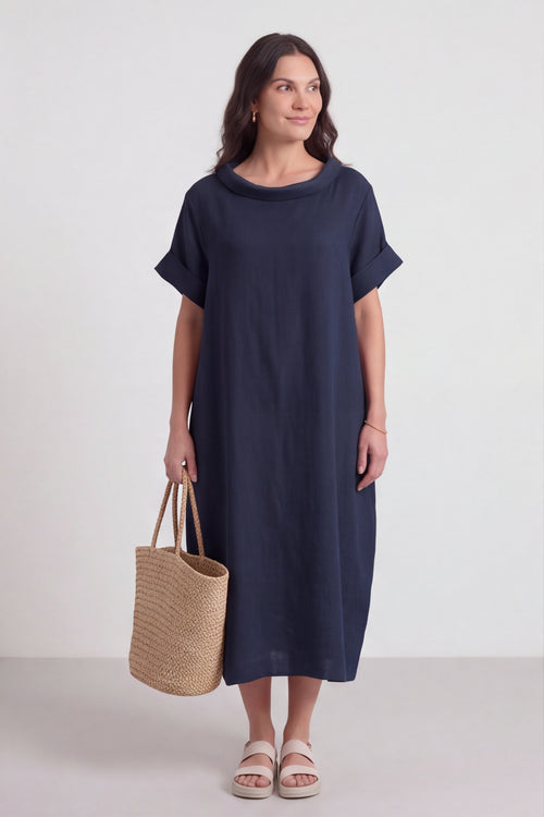 Tasha Cowl Neck Linen Navy Dress - Image 2