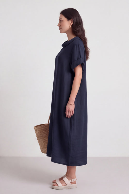 Tasha Cowl Neck Linen Navy Dress - Image 3