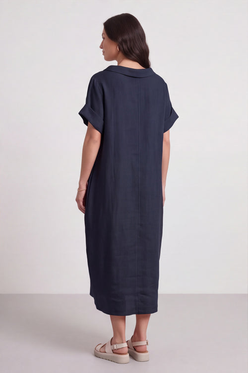Tasha Cowl Neck Linen Navy Dress - Image 5