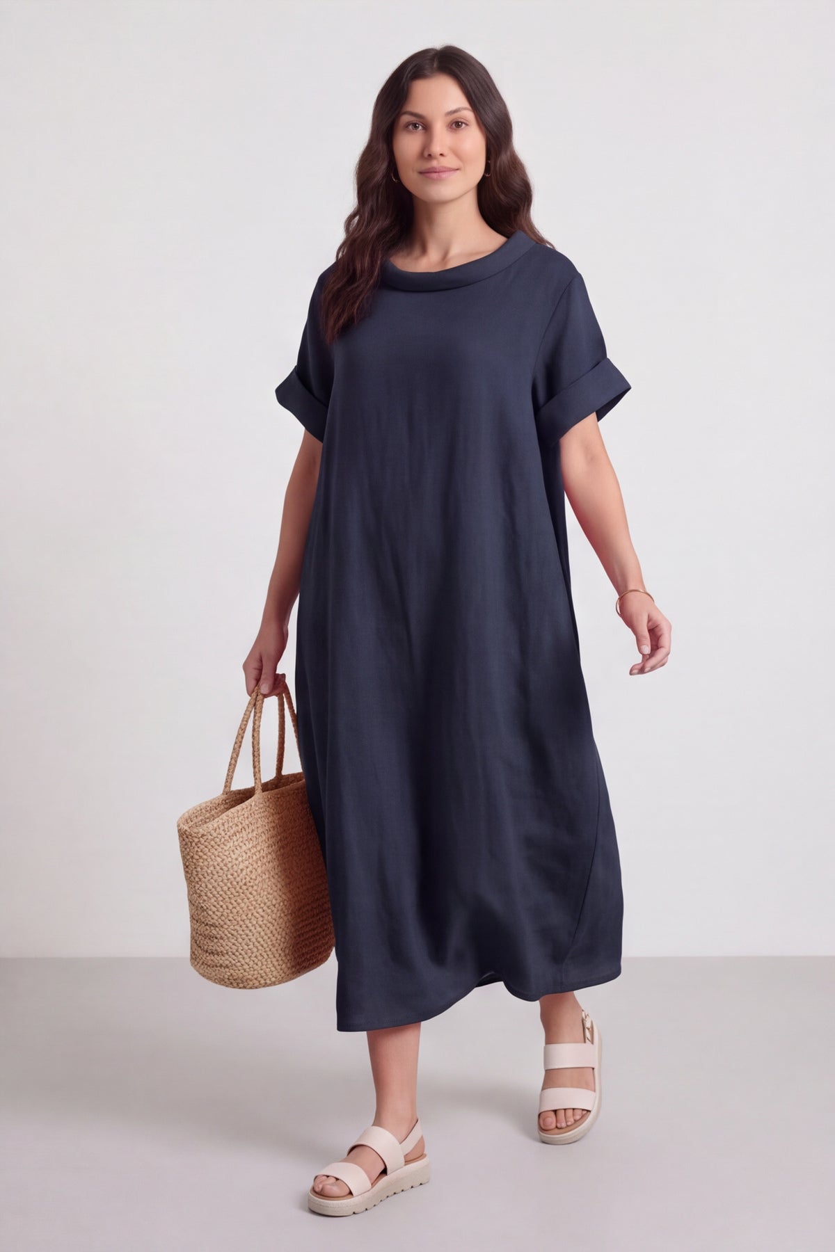 Tasha Cowl Neck Linen Navy Dress