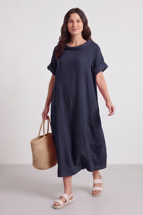 Tasha Cowl Neck Linen Navy Dress - Image 6