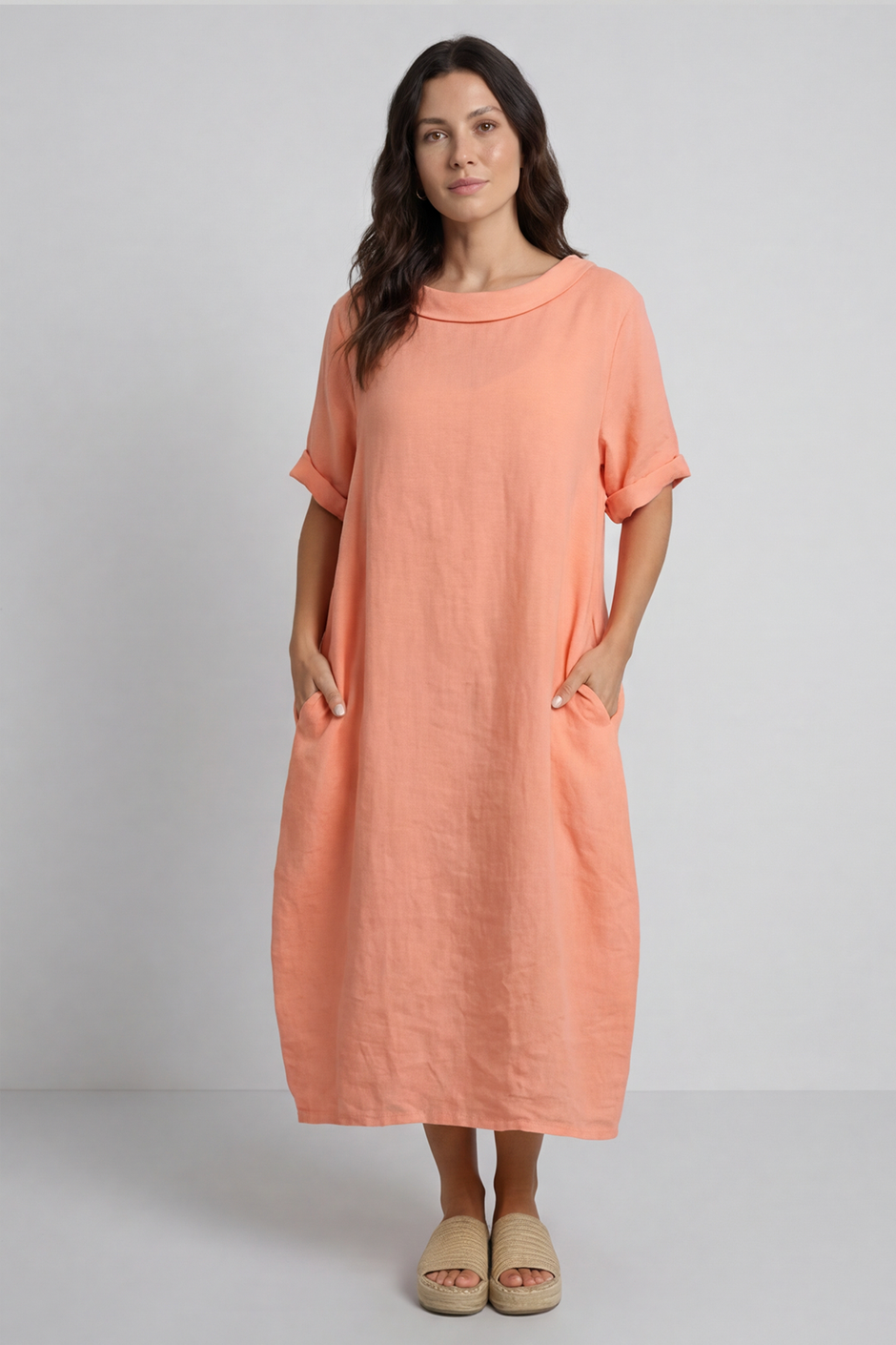 Tasha Cowl Neck Linen Dress Orange