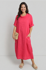 Tasha Cowl Neck Linen Dress Hot Pink Hot Pink - Tasha Cowl Neck Linen Dress Hot Pink