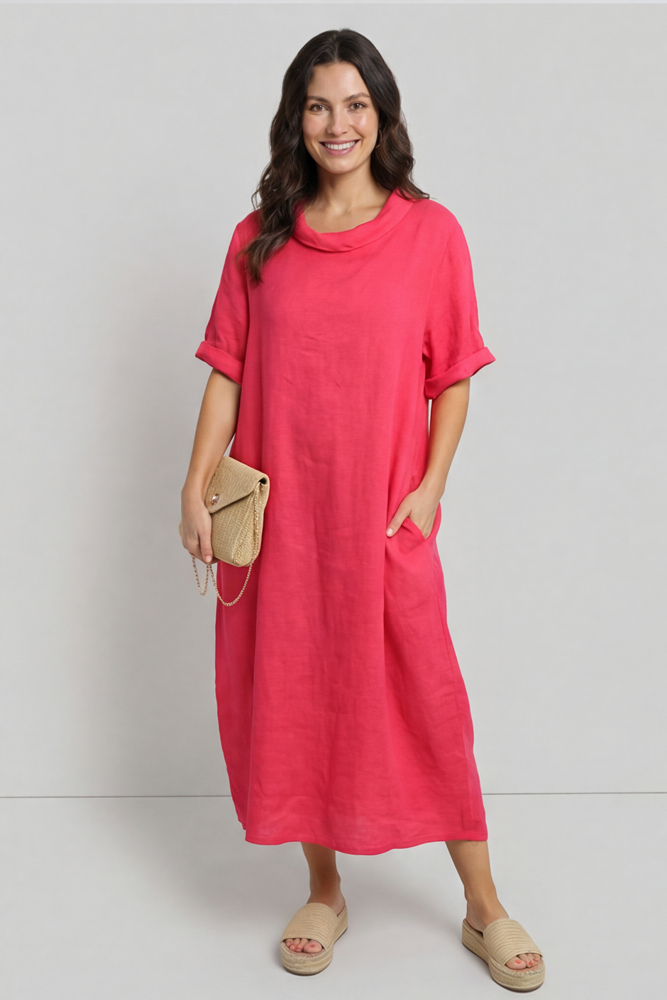 Tasha Cowl Neck Linen Dress Hot Pink