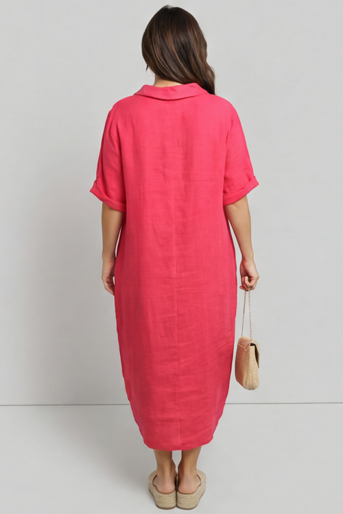 Tasha Cowl Neck Linen Dress Hot Pink - Image 3