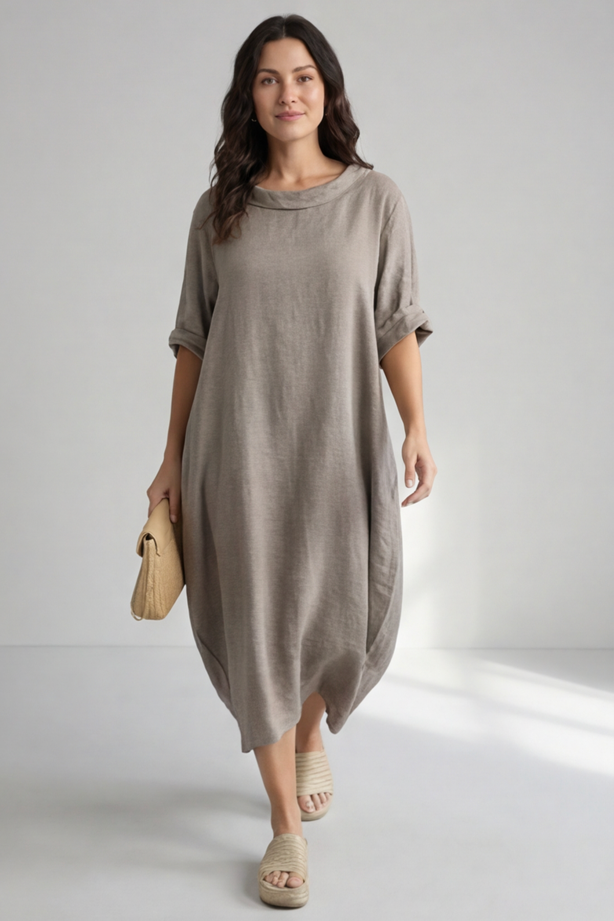 Tasha Cowl Neck Linen Dress Mocha