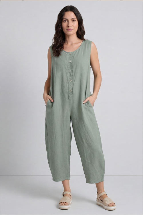 Margot Sleeveless Linen Jumpsuit Khaki - Image 3