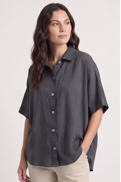 Theodora Crochet Detail Shirt Charcoal - Image 2