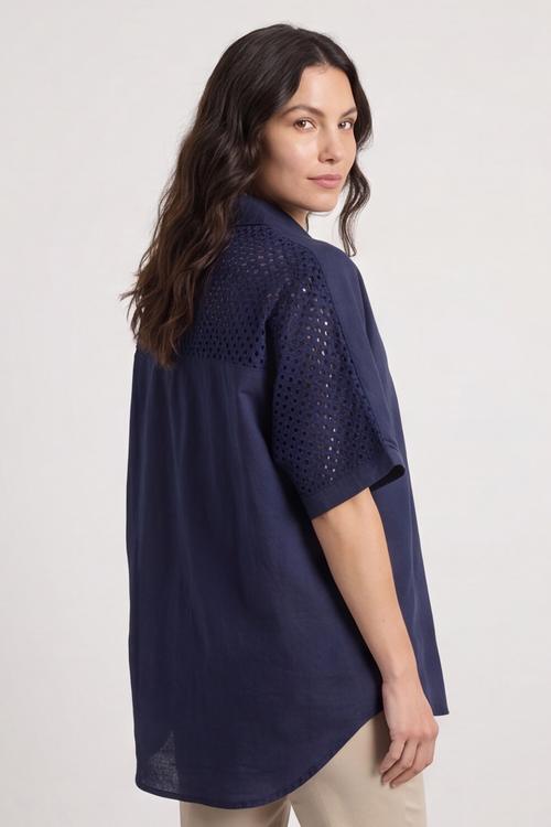 Theodora Crochet Detail Shirt Navy - Image 2