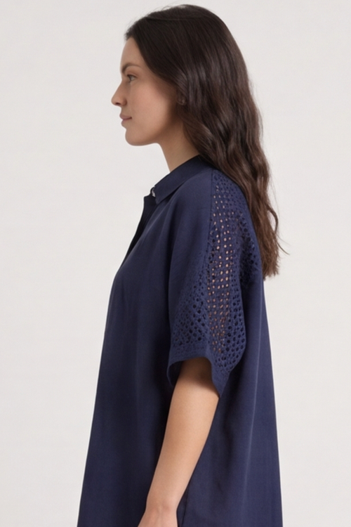 Theodora Crochet Detail Shirt Navy - Image 3