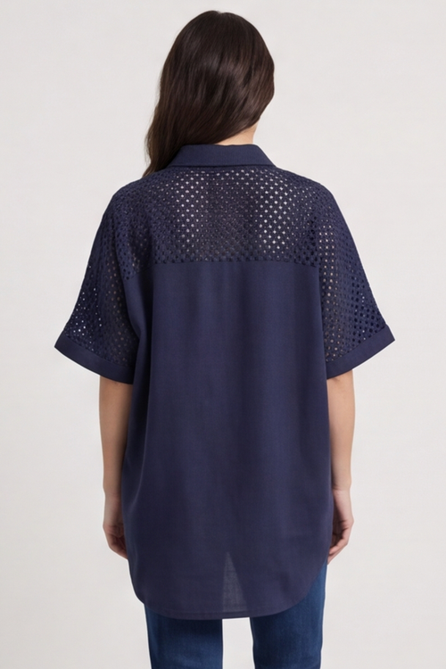 Theodora Crochet Detail Shirt Navy - Image 4