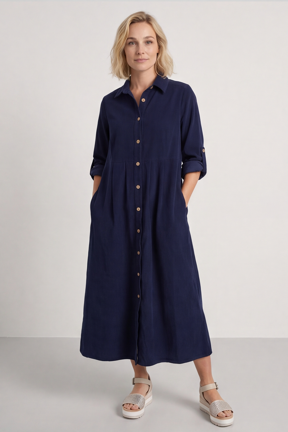 Tisha Needlecord Shirt Dress Navy