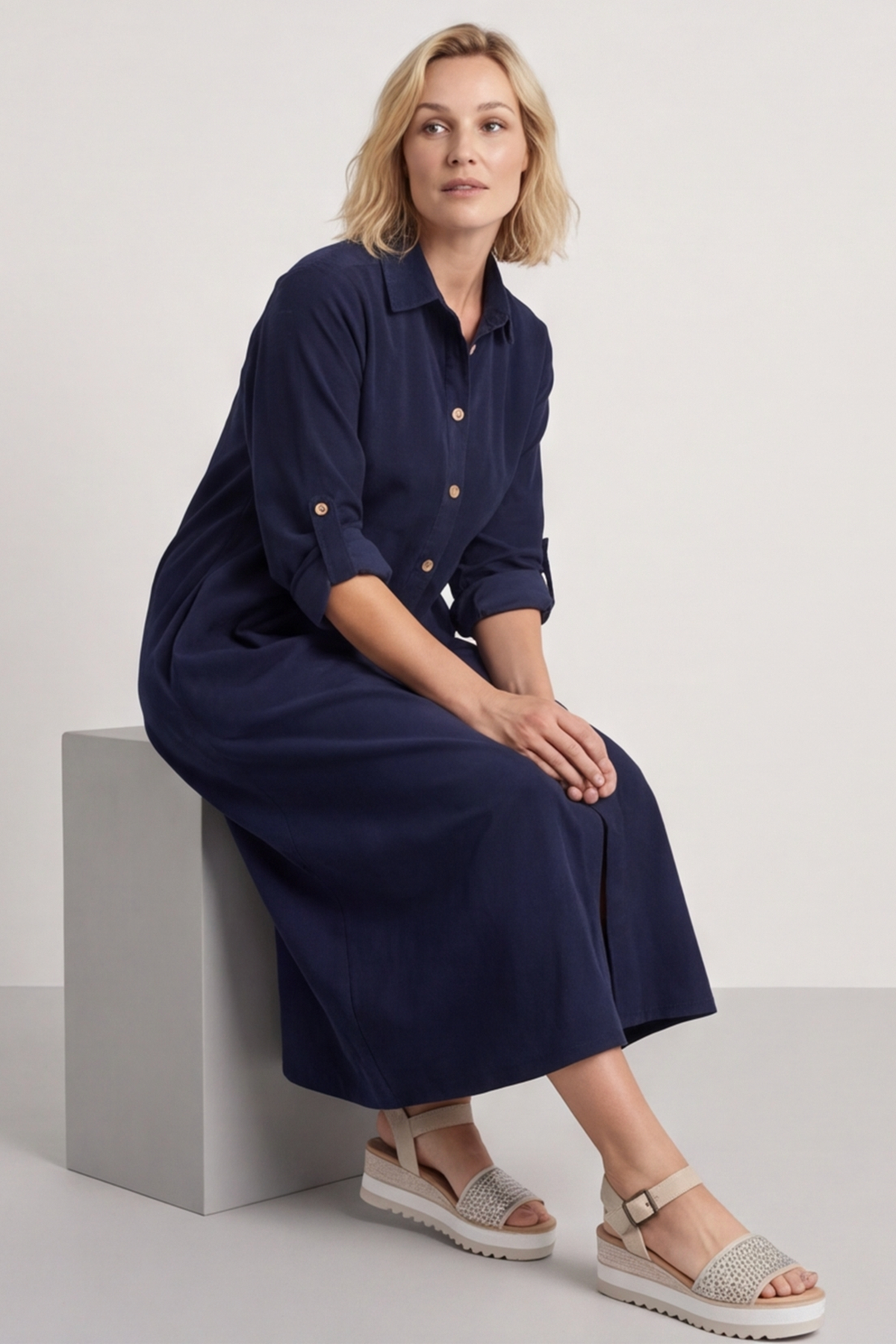 Tisha Needlecord Shirt Dress Navy