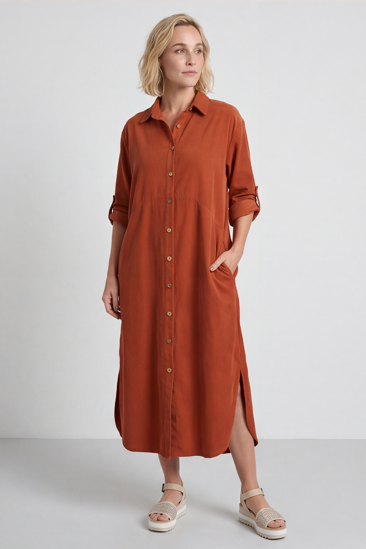 Tisha Needlecord Shirt Dress Burnt Orange
