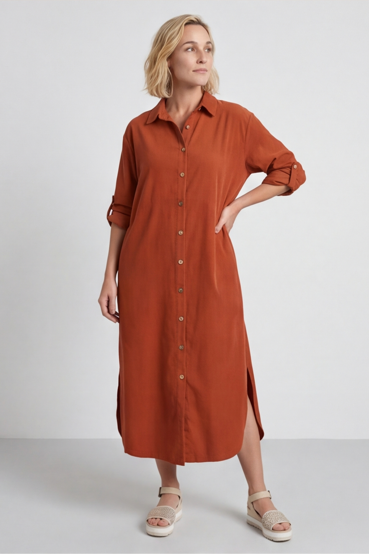 Tisha Needlecord Shirt Dress Burnt Orange