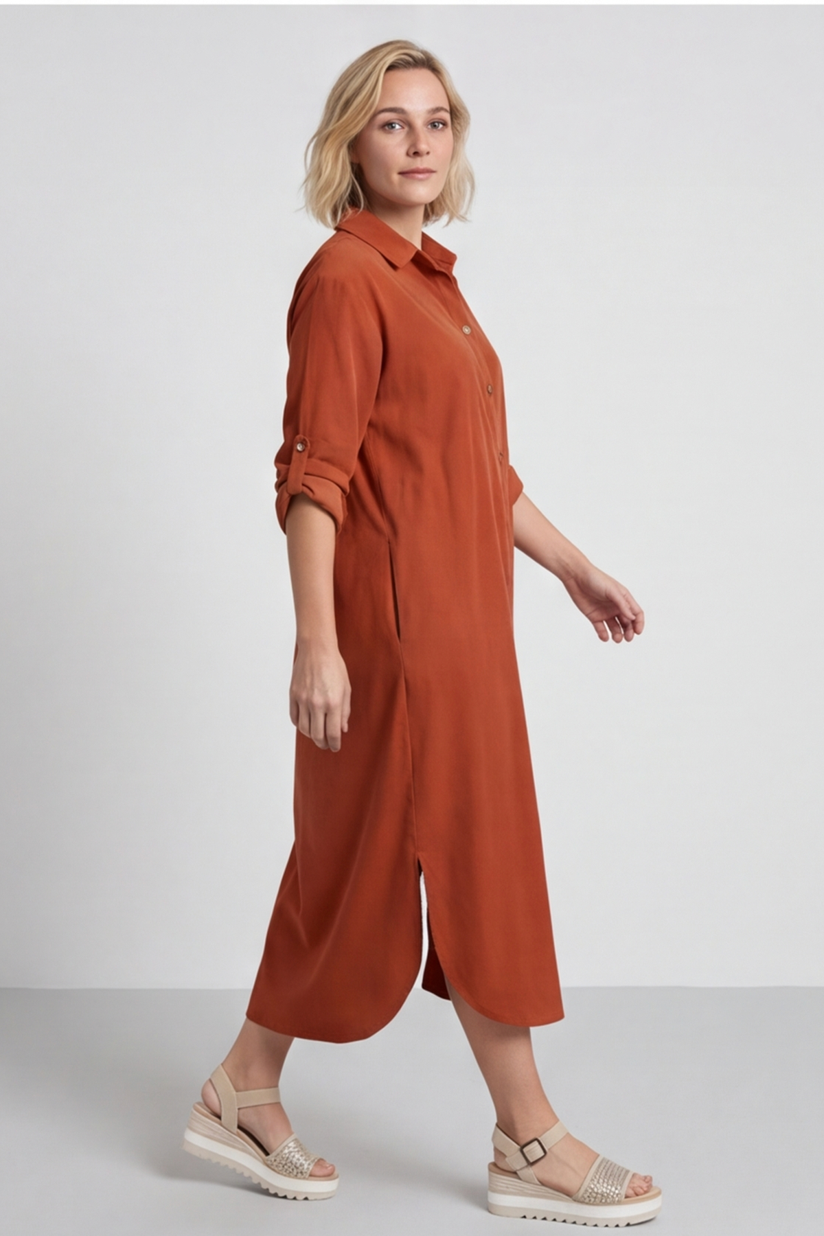 Tisha Needlecord Shirt Dress Burnt Orange