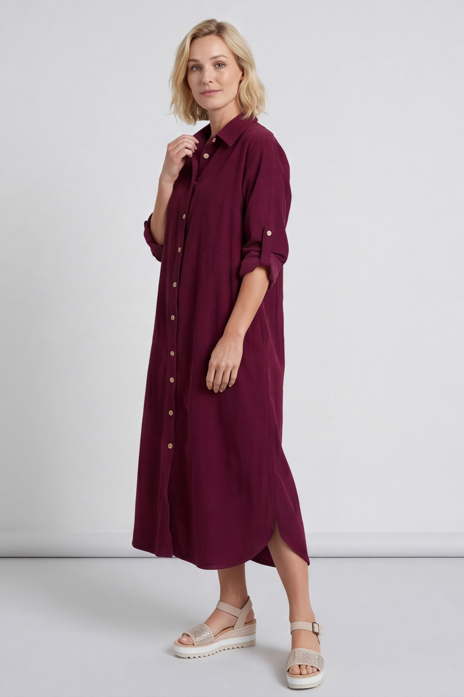 Tisha Needlecord Shirt Dress Wine