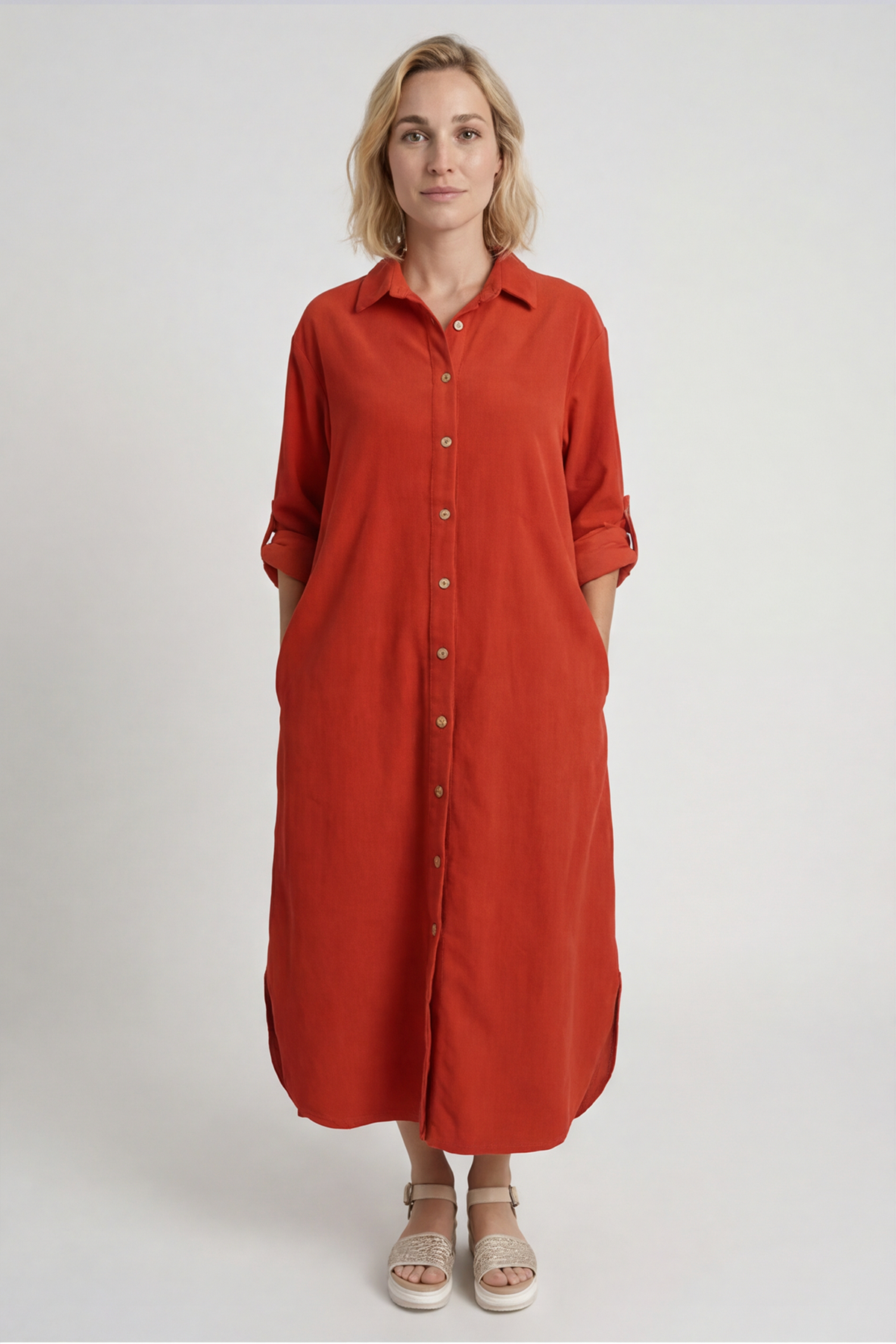 Tisha Needlecord Shirt Dress Red