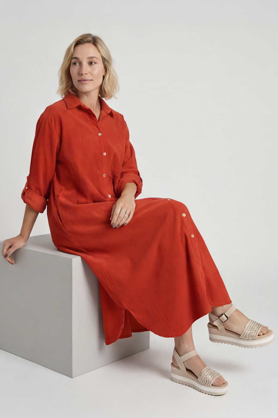 Tisha Needlecord Shirt Dress Red