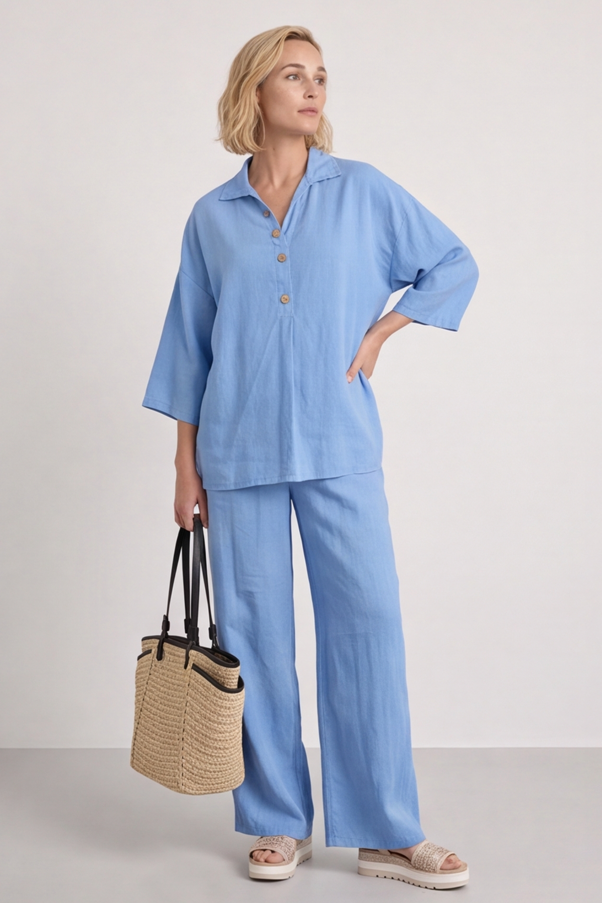 Aura Button Powder Blue Linen Top