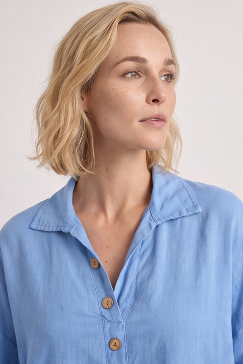 Aura Button Powder Blue Linen Top - Image 2