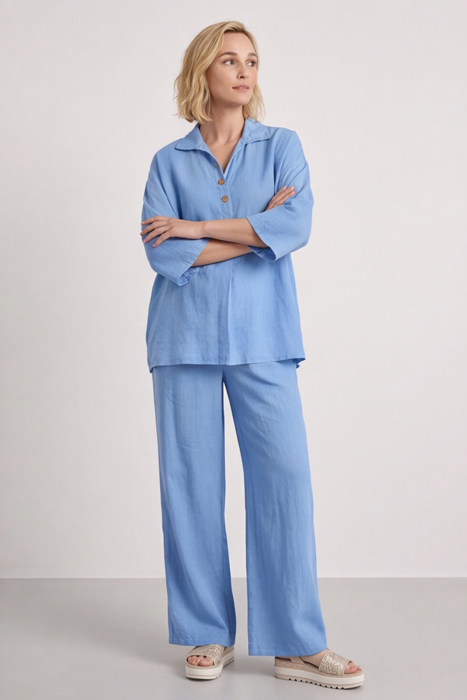 Aura Button Powder Blue Linen Top