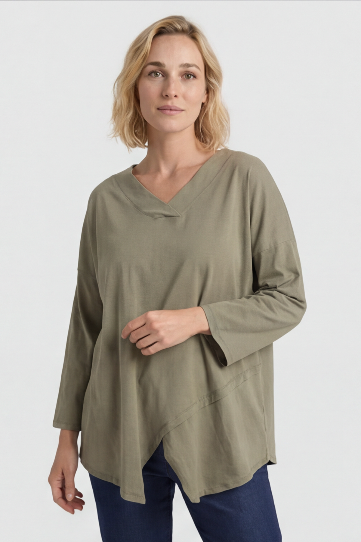 Trecia V-Neck Cotton Top Khaki