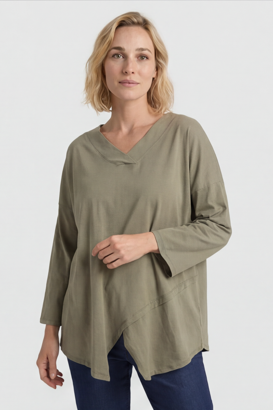 Trecia V-Neck Cotton Top Khaki