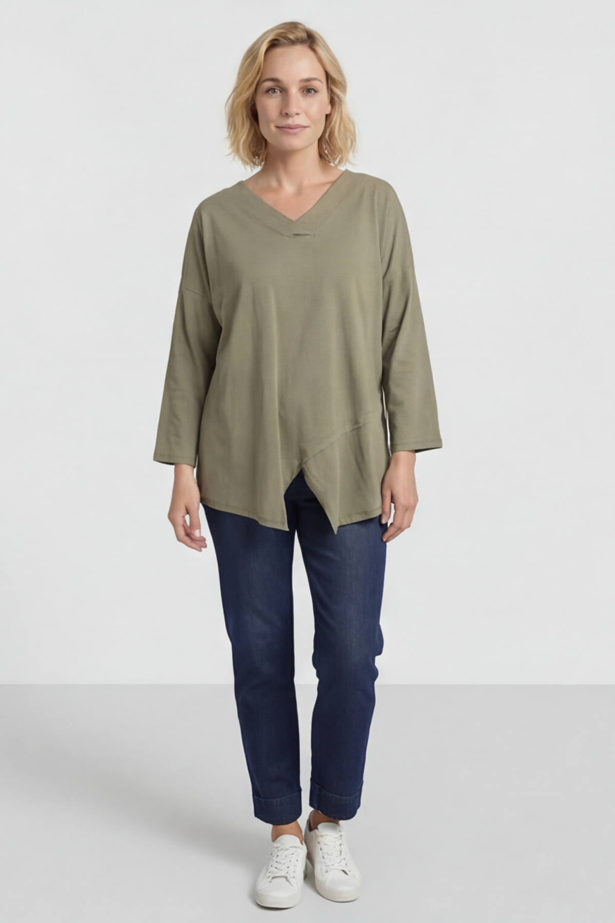 Trecia V-Neck Cotton Top Khaki