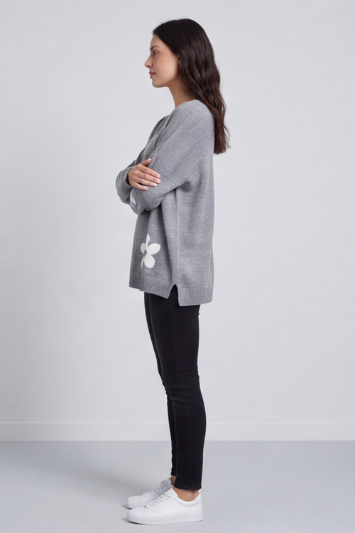 Valerie Flower Knitted Jumper Mid Grey - Image 3