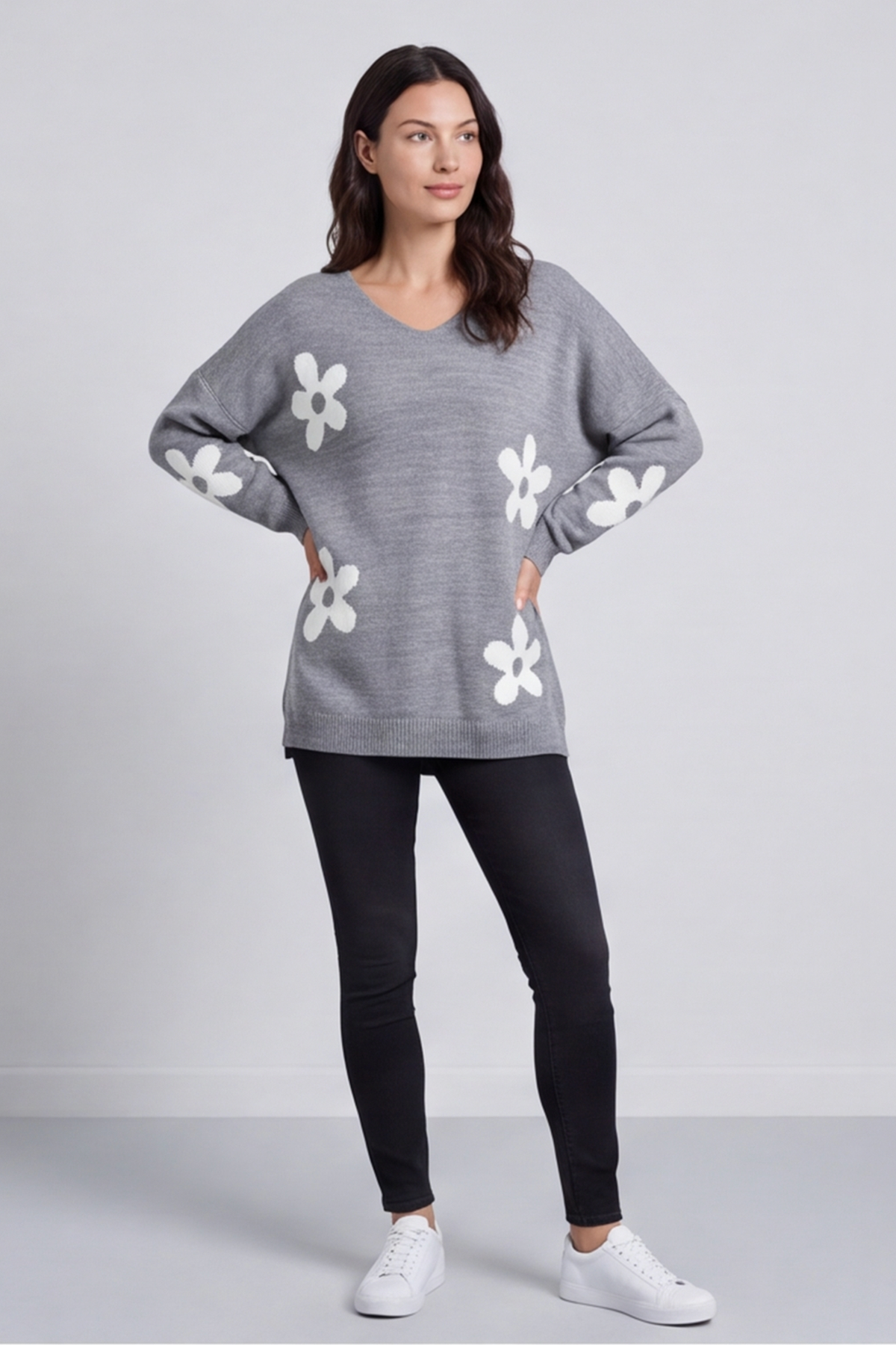 Valerie Flower Knitted Jumper Mid Grey