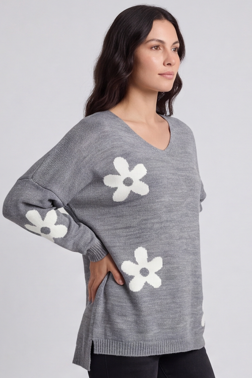 Valerie Flower Knitted Jumper Mid Grey - Image 7