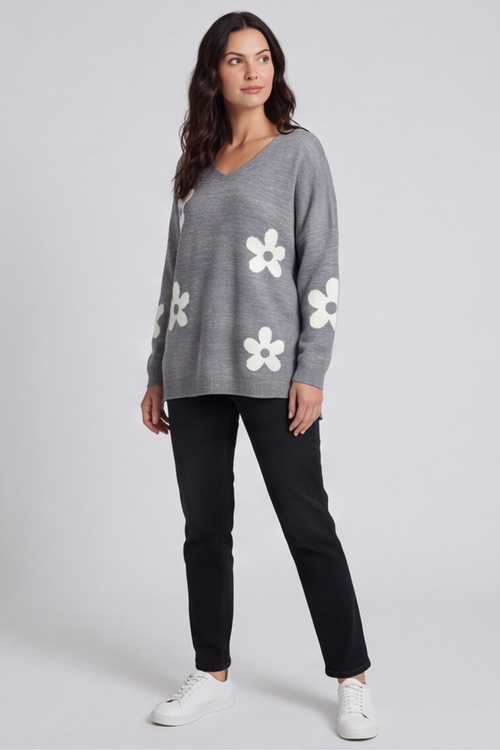 Valerie Flower Knitted Jumper Mid Grey - Image 8