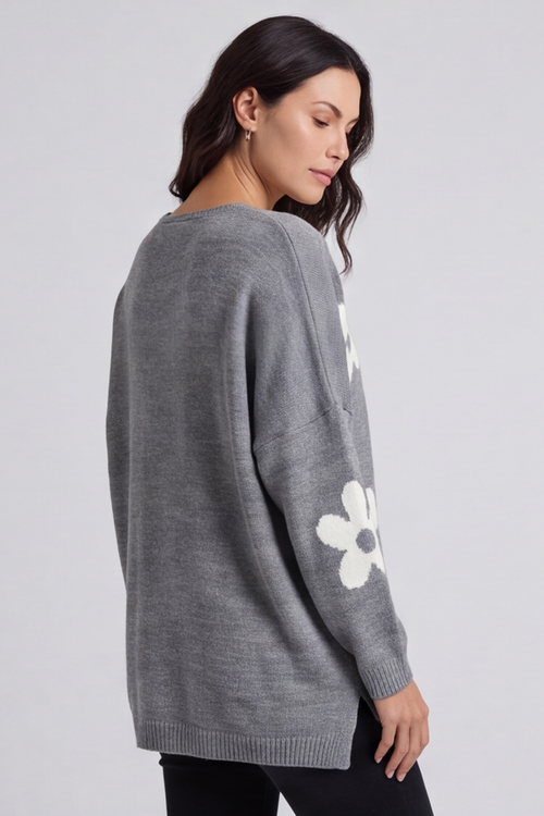 Valerie Flower Knitted Jumper Mid Grey - Image 2