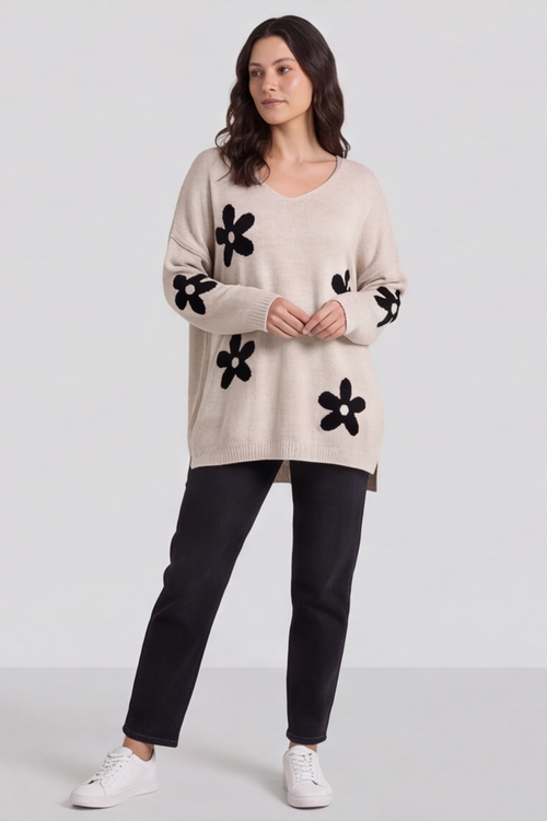 Valerie Flower Knitted Jumper Stone - Image 3