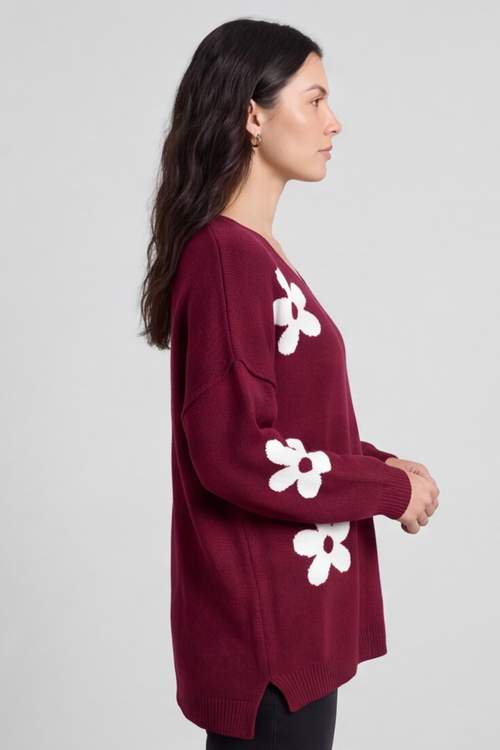 Valerie Flower Knitted Jumper Wine - Image 3